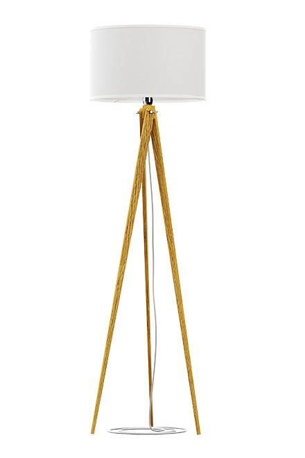 Dreibeinige Holz-Stehlampe mit weißem Schirm