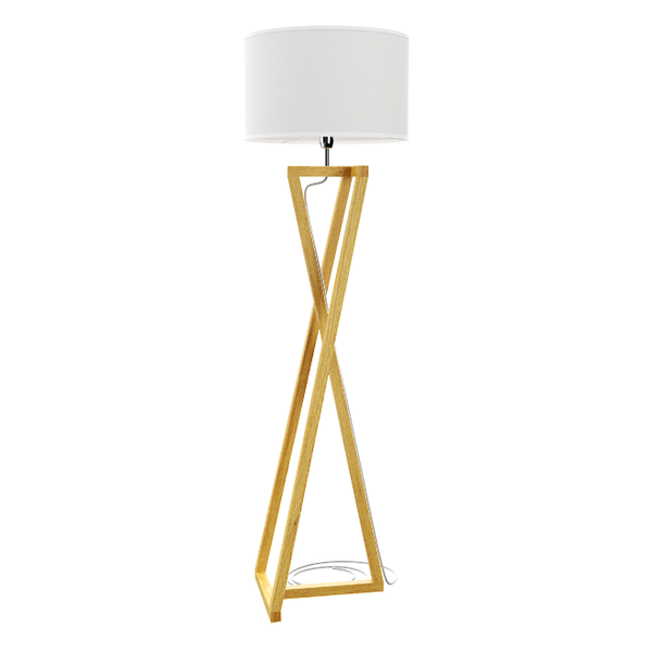 Holz-Stehlampe X Design mit weißem Schirm