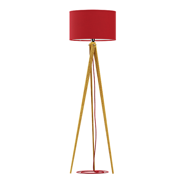 Dreibeinige Holz-Stehlampe mit rotem Schirm