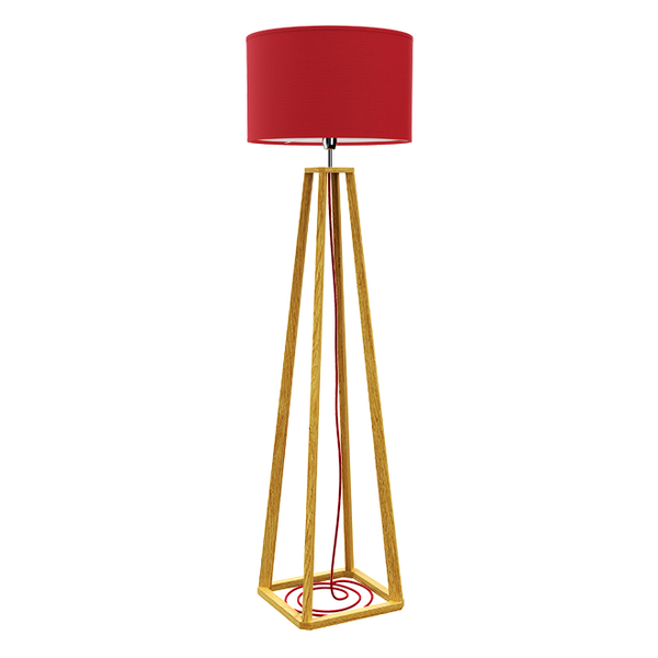 Holz-Stehlampe mit rotem Schirm