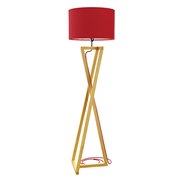 Holz-Stehlampe X Design mit rotem Schirm