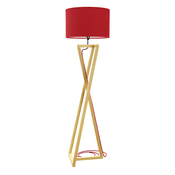 Holz-Stehlampe X Design mit rotem Schirm