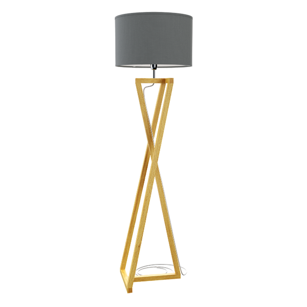 Holz-Stehlampe X Design mit grauem Schirm